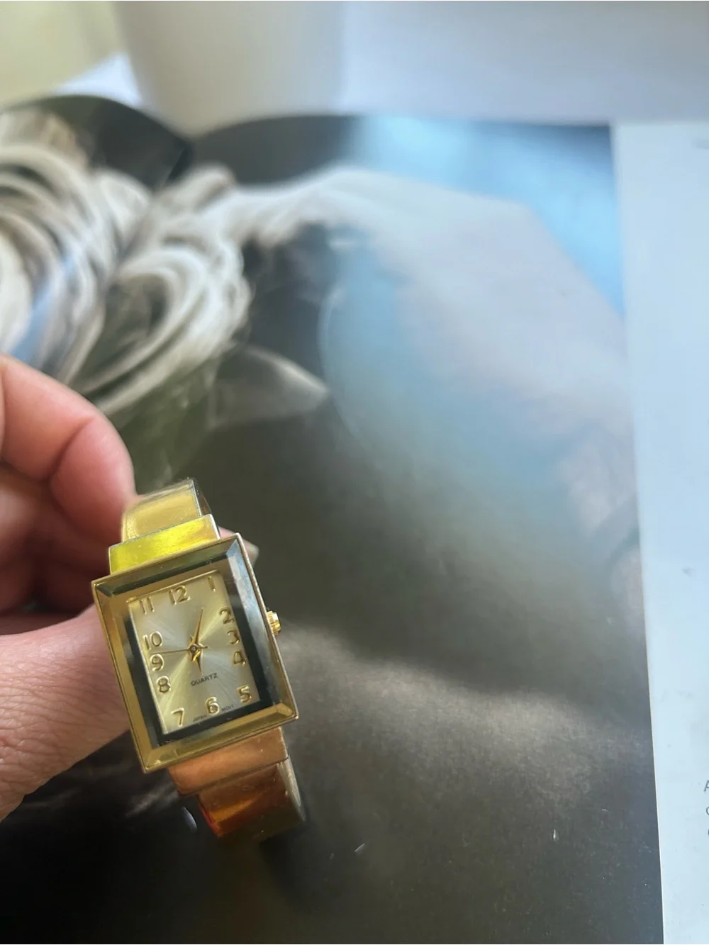 Gold Rectangular Face Quartz Bangle Watch